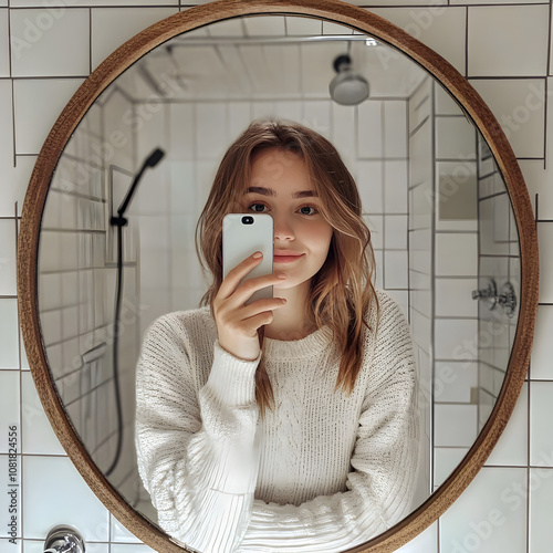 A woman taking a selfie photo in a bathroom mirror 