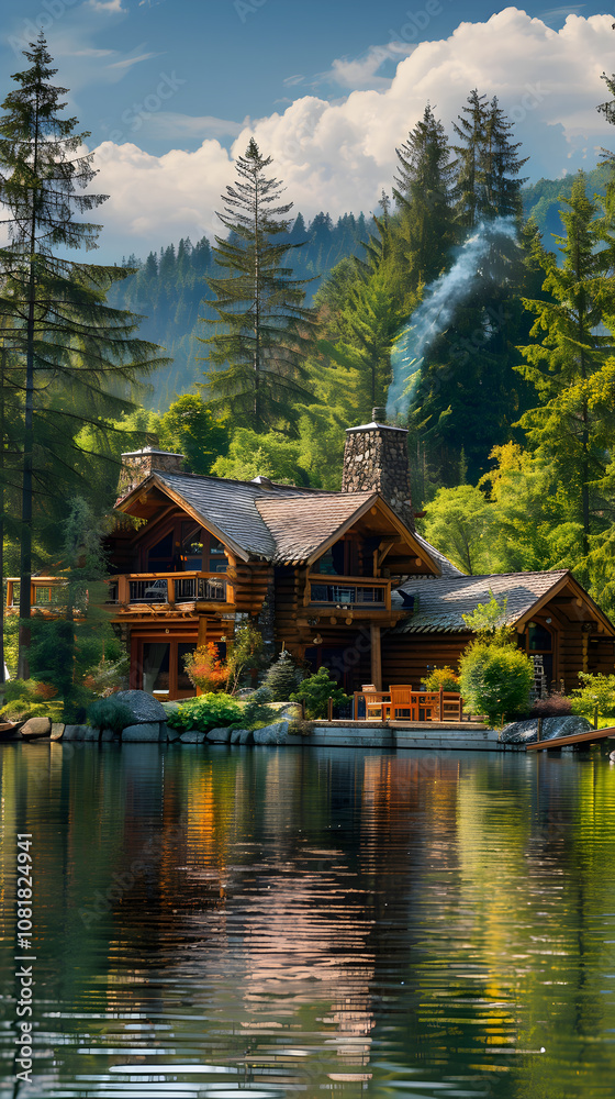 Fototapeta premium Quintessential Vacation Log Cabin Nestled Between Pristine Lake and Dense Pine Forest