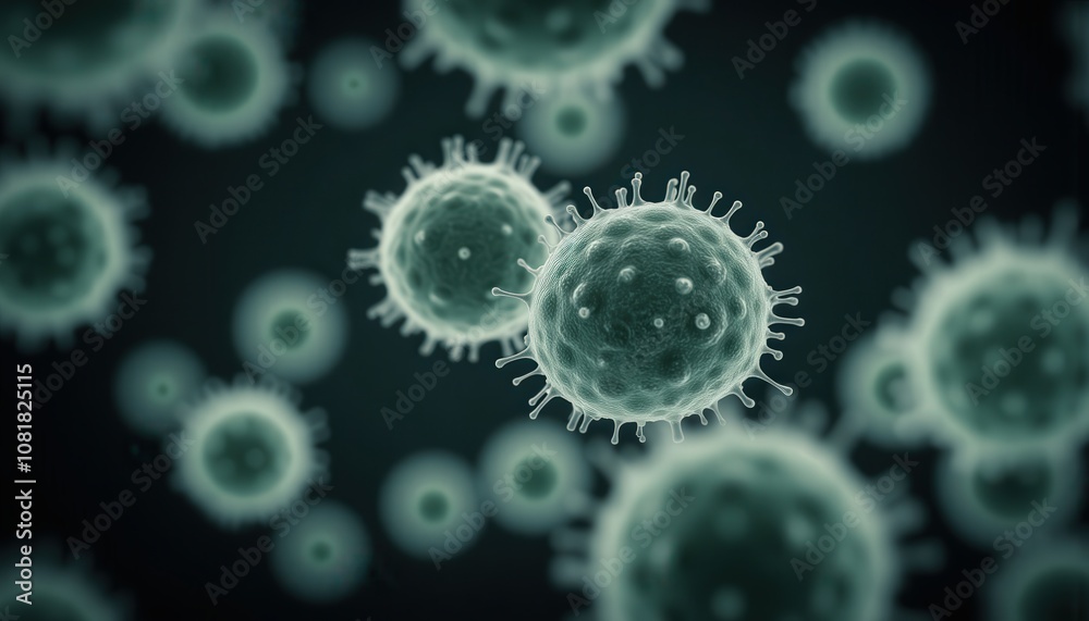 Bacteria exposure risk. A microscopic view of viruses, showcasing their spherical shapes and intricate surface structures against a dark background. Bacteria exposure risk. A microscopic view of viruses, showcasing their spherical shapes and intricate surface structures against a dark background.