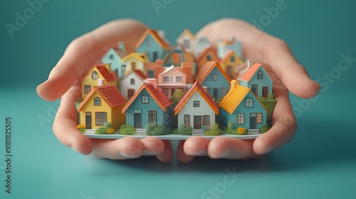 A pair of hands holds a colorful assortment of miniature houses, symbolizing community, real estate, and the concept of home.