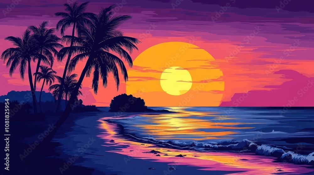 Naklejka premium Sunset over a tropical beach with palm trees