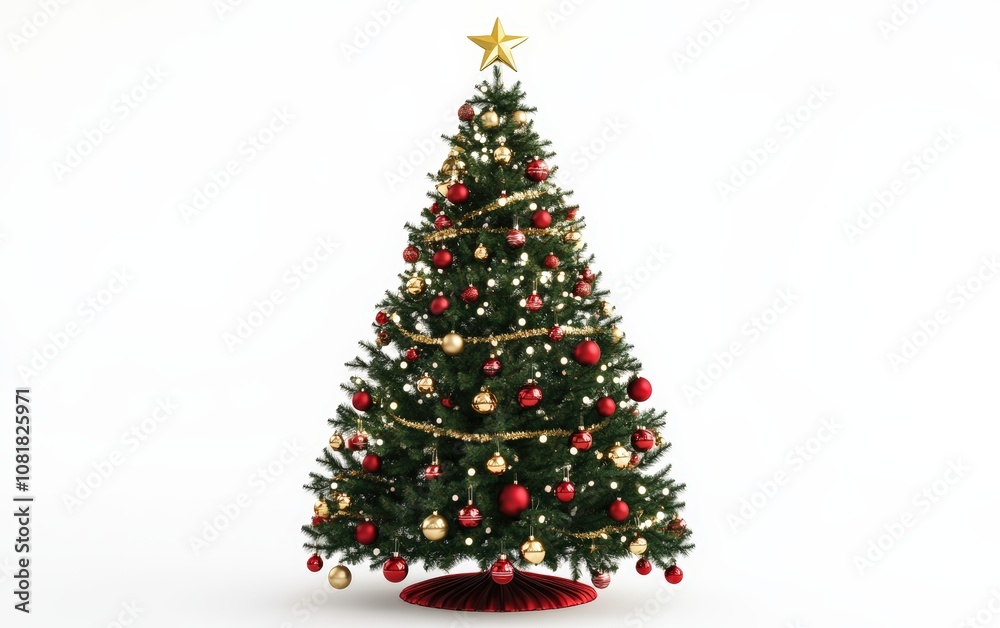 Classic Christmas Tree with Red and Gold Ornaments: A lush green Christmas tree adorned with classic red and gold ornaments, shimmering tinsel, and a golden star on top Classic Christmas Tree with Red and Gold Ornaments: A lush green Christmas tree adorned with classic red and gold ornaments, shimmering tinsel, and a golden star on top