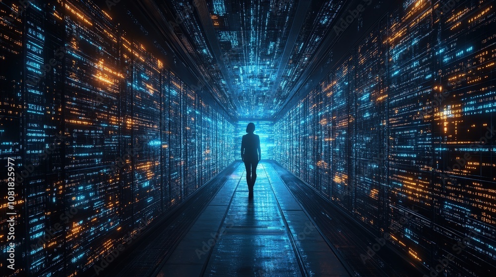 A mysterious figure stands alone in a futuristic corridor filled with glowing blue and orange data streams, evoking a sense of wonder. A mysterious figure stands alone in a futuristic corridor filled with glowing blue and orange data streams, evoking a sense of wonder.