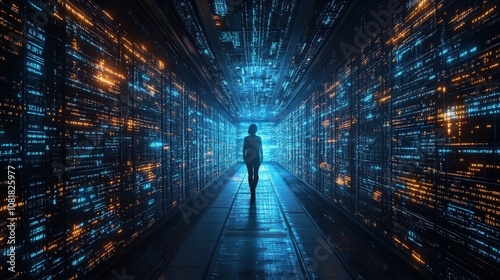 A mysterious figure stands alone in a futuristic corridor filled with glowing blue and orange data streams, evoking a sense of wonder.