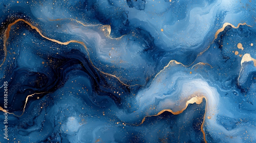 Abstract fluid art featuring swirling blue tones with gold accents. Abstract fluid art featuring swirling blue tones with gold accents.