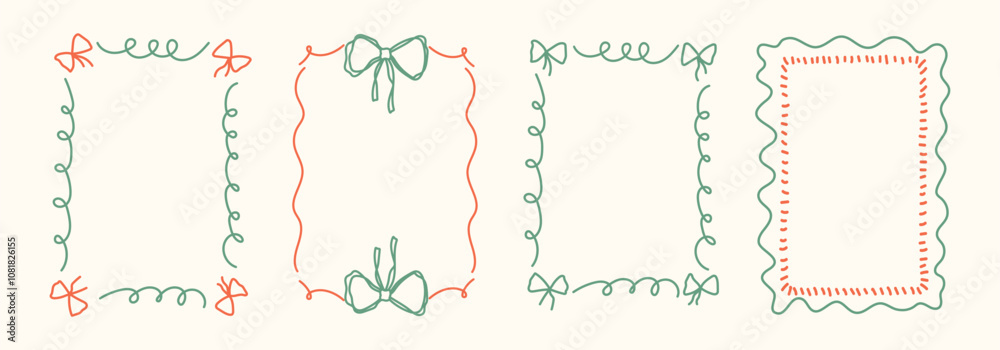 Hand Drawn frame set with doodle bows, ribbons. Whimsical line borders for birthday, christmas, wedding Invitations. Coquette bow set. Vintage minimalist elements in trendy line art style. Vector illu