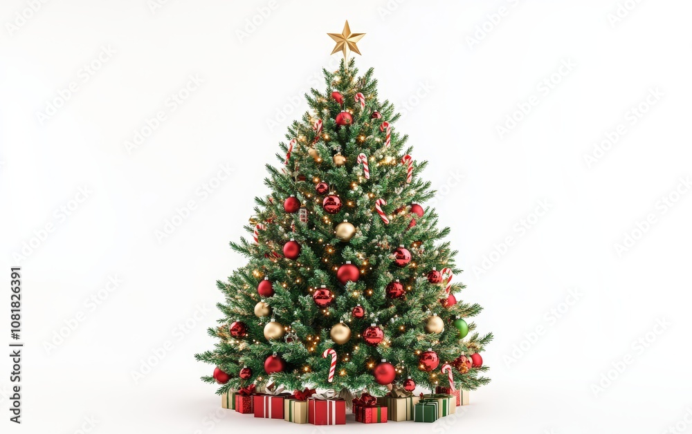 Classic Red and Green Christmas Tree: A traditional Christmas tree adorned with red and green baubles, candy canes, and twinkling warm lights, topped with a gold star, displayed on a white background Classic Red and Green Christmas Tree: A traditional Christmas tree adorned with red and green baubles, candy canes, and twinkling warm lights, topped with a gold star, displayed on a white background