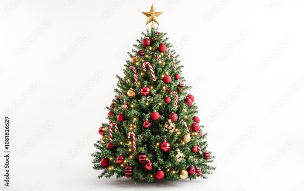 Classic Red and Green Christmas Tree: A traditional Christmas tree adorned with red and green baubles, candy canes, and twinkling warm lights, topped with a gold star, displayed on a white background Classic Red and Green Christmas Tree: A traditional Christmas tree adorned with red and green baubles, candy canes, and twinkling warm lights, topped with a gold star, displayed on a white background