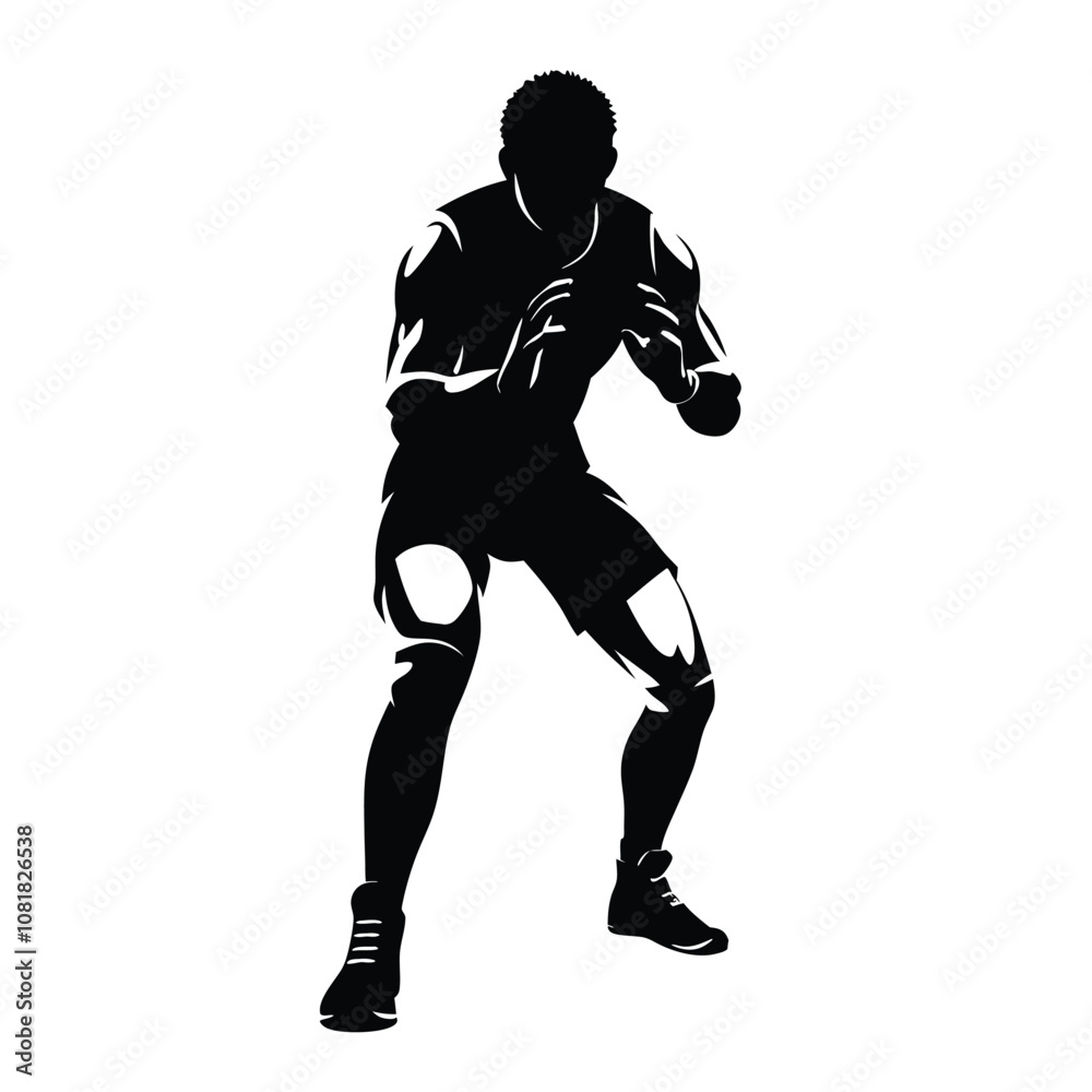 Naklejka premium A man is standing in a boxing ring. He is wearing a black shirt and black pants. He is holding his hands up in the air