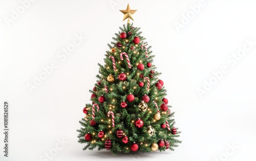 Classic Red and Green Christmas Tree: A traditional Christmas tree adorned with red and green baubles, candy canes, and twinkling warm lights, topped with a gold star, displayed on a white background 