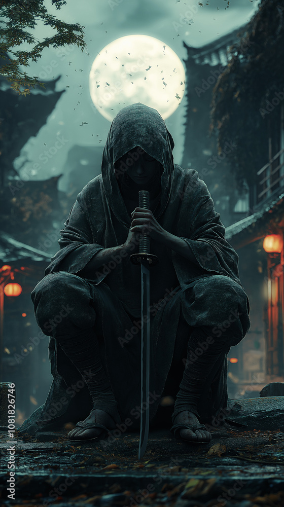 Obraz premium Ninja crouched under a full moon by Japanese architecture.