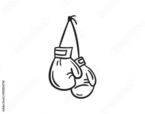 Line hand drawn doodle boxing gloves with ribbon. Outline box drawing icon isolated on white background