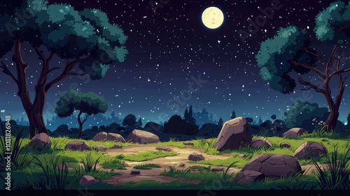 Nighttime forest scene with a full moon, starry sky, and a dirt path
