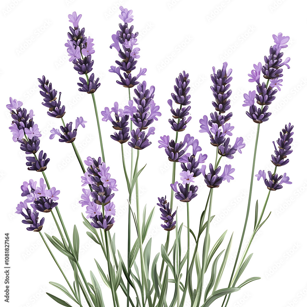 Lavender flowers in full bloom, arranged elegantly against a white background, showcasing vivid purple hues and slender green stems Lavender flowers in full bloom, arranged elegantly against a white background, showcasing vivid purple hues and slender green stems
