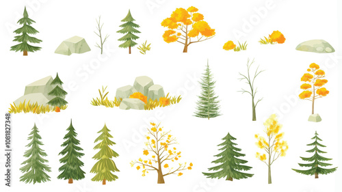 Set of vector illustrations of autumn trees, bushes, rocks and flowers.