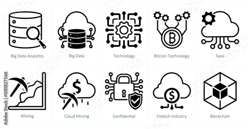 A set of 10 blockchain icons as big data analytics, big data, technology