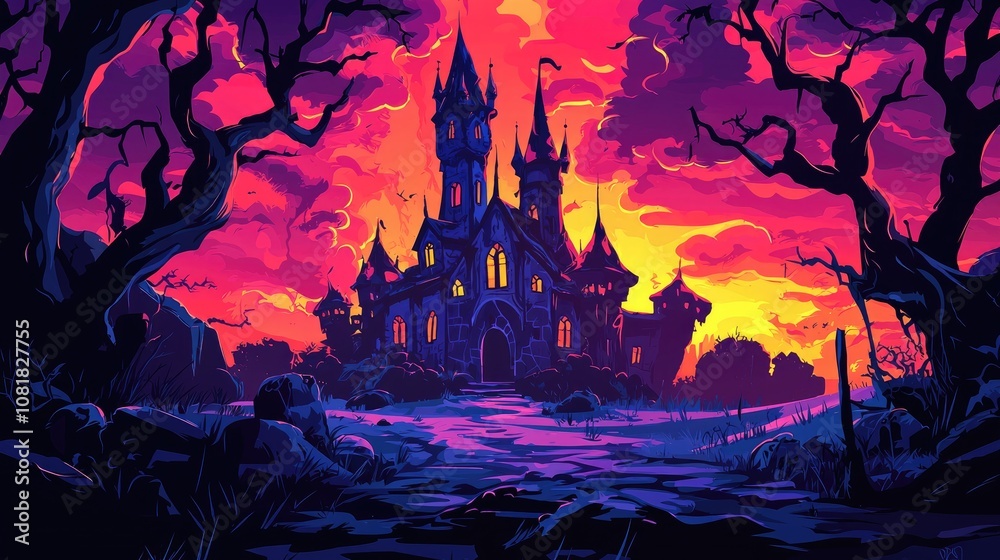 A Silhouetted Castle in a Glowing Twilight Sky