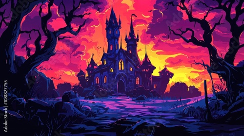 A Silhouetted Castle in a Glowing Twilight Sky