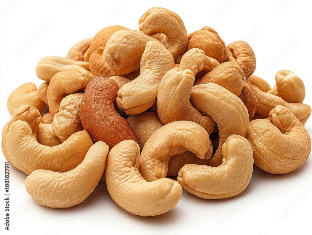 Cashew nuts isolated on white background. Perfect for use in food and nutrition projects, packaging, and marketing materials. Cashew nuts isolated on white background. Perfect for use in food and nutrition projects, packaging, and marketing materials.