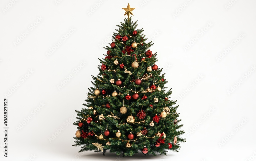 Classic Red and Green Christmas Tree: A traditional Christmas tree adorned with red and green baubles, candy canes, and twinkling warm lights, topped with a gold star, displayed on a white background Classic Red and Green Christmas Tree: A traditional Christmas tree adorned with red and green baubles, candy canes, and twinkling warm lights, topped with a gold star, displayed on a white background