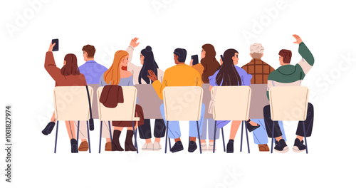 Crowd sits, listens to lecture, business training back view. People are on chairs hands ups to ask at seminar. Audience of conference is on seats. Flat isolated vector illustration on white background