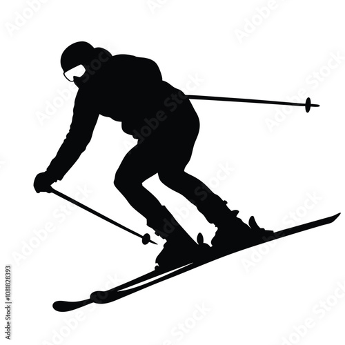 A man is skiing down a hill. He is wearing a helmet and goggles. He is holding ski poles in his hands