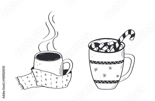 Christmas set of hot drinks doodle style. Delicious cocoa with marshmallows, hot chocolate, coffee with cream or tea. Vector illustration hand drawn.