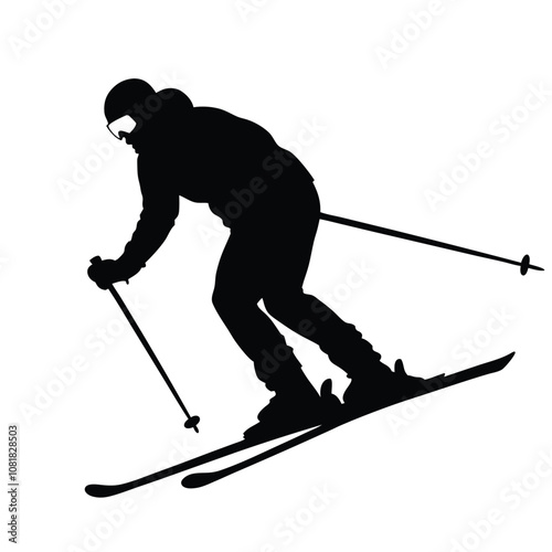 A man is skiing down a hill. He is wearing a helmet and goggles. He is holding ski poles in his hands