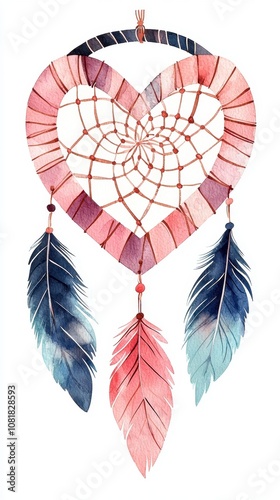 a heart-shaped dreamcatcher with feathers clipart, mystical love, watercolor style, isolated on white background