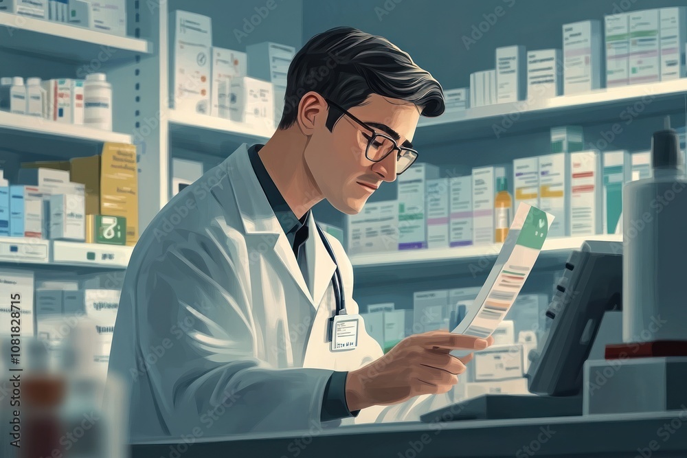 A pharmacist in a white coat is reading a prescription at his pharmacy counter. A pharmacist in a white coat is reading a prescription at his pharmacy counter.