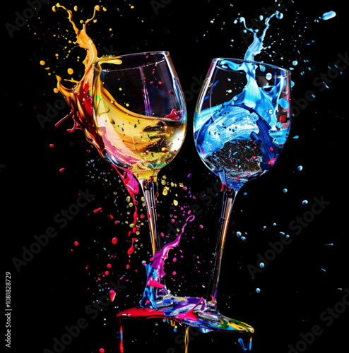 Transparent cups with bright colored drink black background