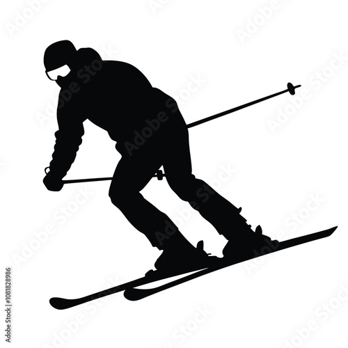 A man is skiing down a hill. He is wearing a helmet and goggles. He is holding ski poles in his hands