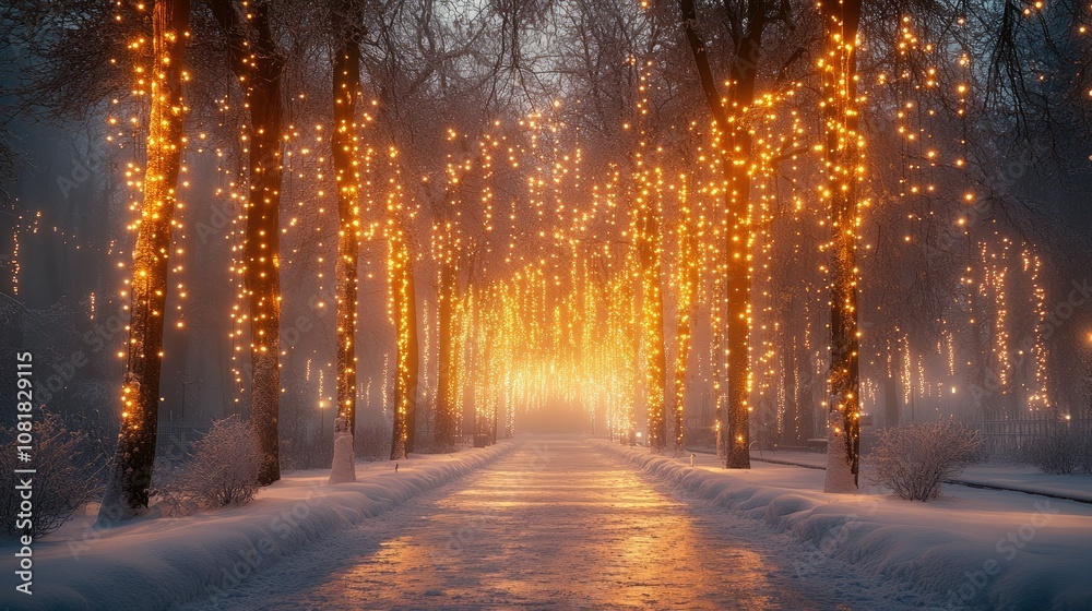 Naklejka premium A snowy path lined with trees decorated with warm string lights.