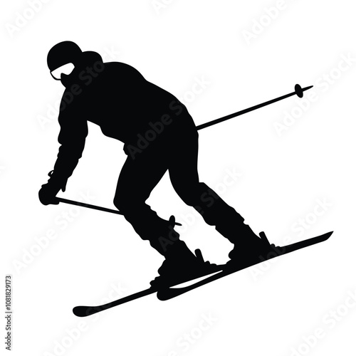 A man is skiing down a hill. He is wearing a helmet and goggles. He is holding ski poles in his hands