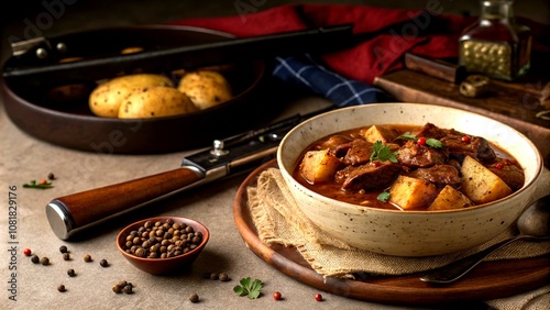 Wild Game Goulash Stew, Roasted Potatoes, Hunting Accents