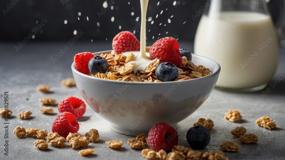 Bowl of cereal with blueberries and raspberries and a glass of milk Bowl of cereal with blueberries and raspberries and a glass of milk