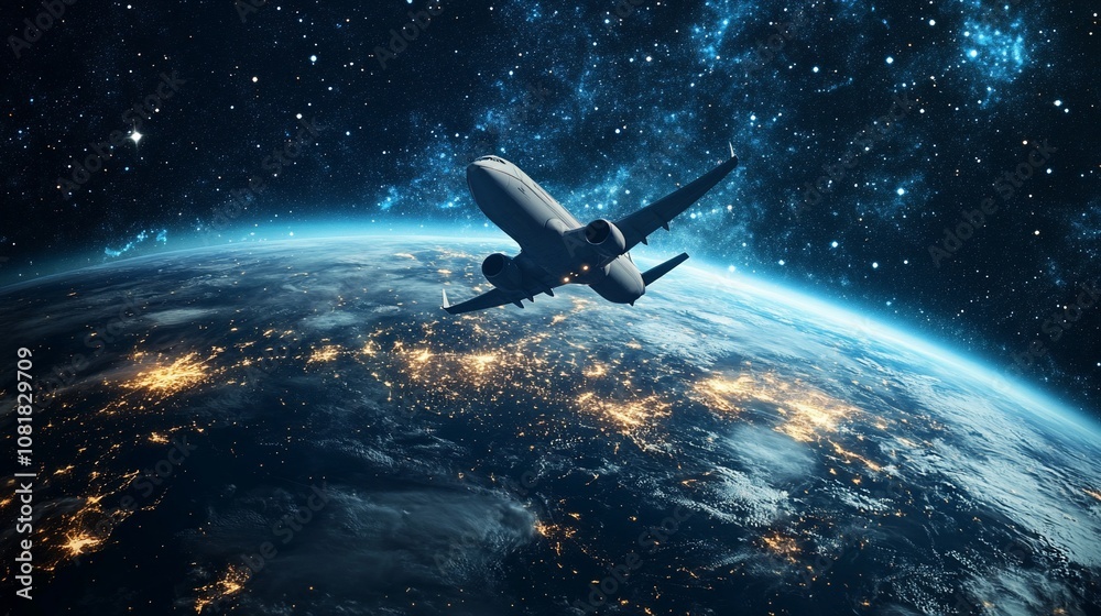 Airplane flying over Earth with twinkling lights and stars in the dark night sky.
