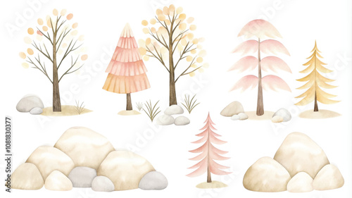 Set of winter trees isolated on white background. Watercolor illustration.