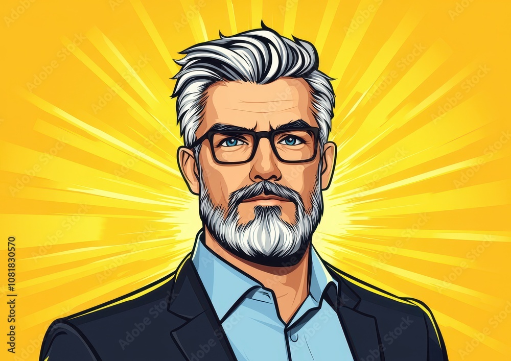 A stylized illustration of a silver-haired man with glasses, dressed in a suit, against a vibrant yellow background radiating energy. A stylized illustration of a silver-haired man with glasses, dressed in a suit, against a vibrant yellow background radiating energy.