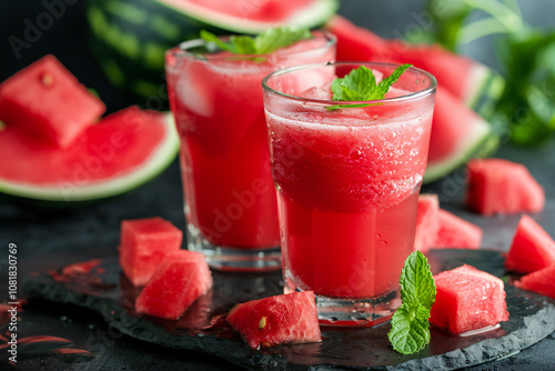 Wallpaper Mural Refreshing Watermelon Drink with Ice, Lemon Slices, Mint Garnish, and Fresh Watermelon Slices for a Summer Beverage Torontodigital.ca