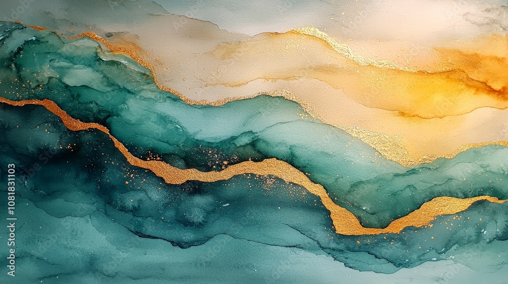 Abstract fluid art featuring teal, gold, and white waves, creating a serene and elegant effect.
