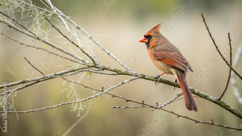 Captivating Minimalist Photography of a Juvenile Cardinal Perched Gracefully on a Branch Surrounded by Soft Natural Light and Subtle Earth Tones, Evoking Serenity and Simplicity in Nature