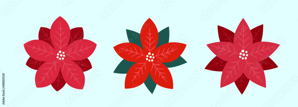 Set of poinsettia flower Christmas decoration flat vector illustration .
Red Christmas Poinsettia Flower element vector. Set of poinsettia flower Christmas decoration flat vector illustration .
Red Christmas Poinsettia Flower element vector.
