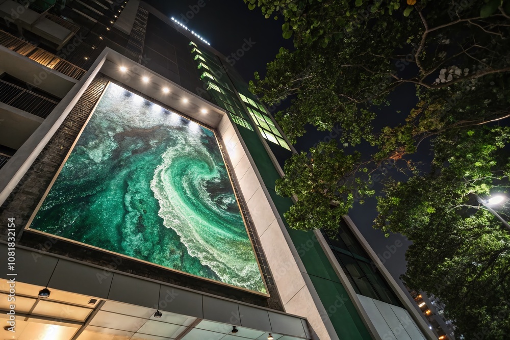 Fototapeta premium Captivating Night Photography of Green Abstract Art for Trifold Brochure Template Design, Showcasing Vibrant Shades and Modern Aesthetic for Creative Projects