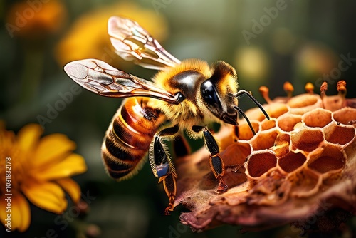 six a bee sitting on a flower with a sign that says and a honeyc photo