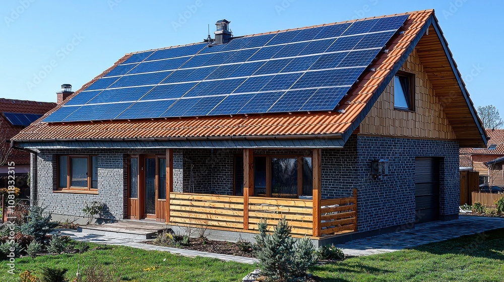 A modern home featuring solar panels on the roof in a sunny suburban neighborhood during daylight hours A modern home featuring solar panels on the roof in a sunny suburban neighborhood during daylight hours