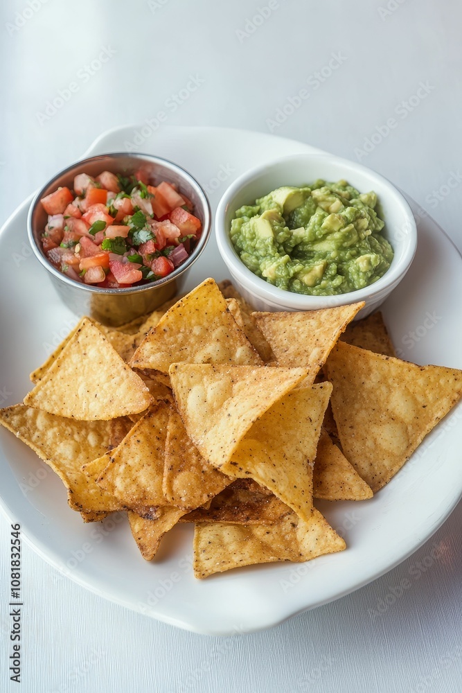 Chips, salsa, guacamole on a white plate. Chips, salsa, guacamole on a white plate.