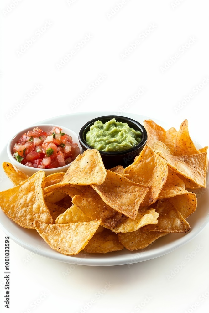 Nachos with guacamole and salsa on a plate. Nachos with guacamole and salsa on a plate.