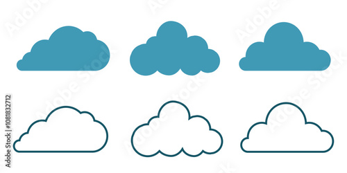 Set of cloud icons in filled and outline styles. Simple weather symbols for interface design and applications.