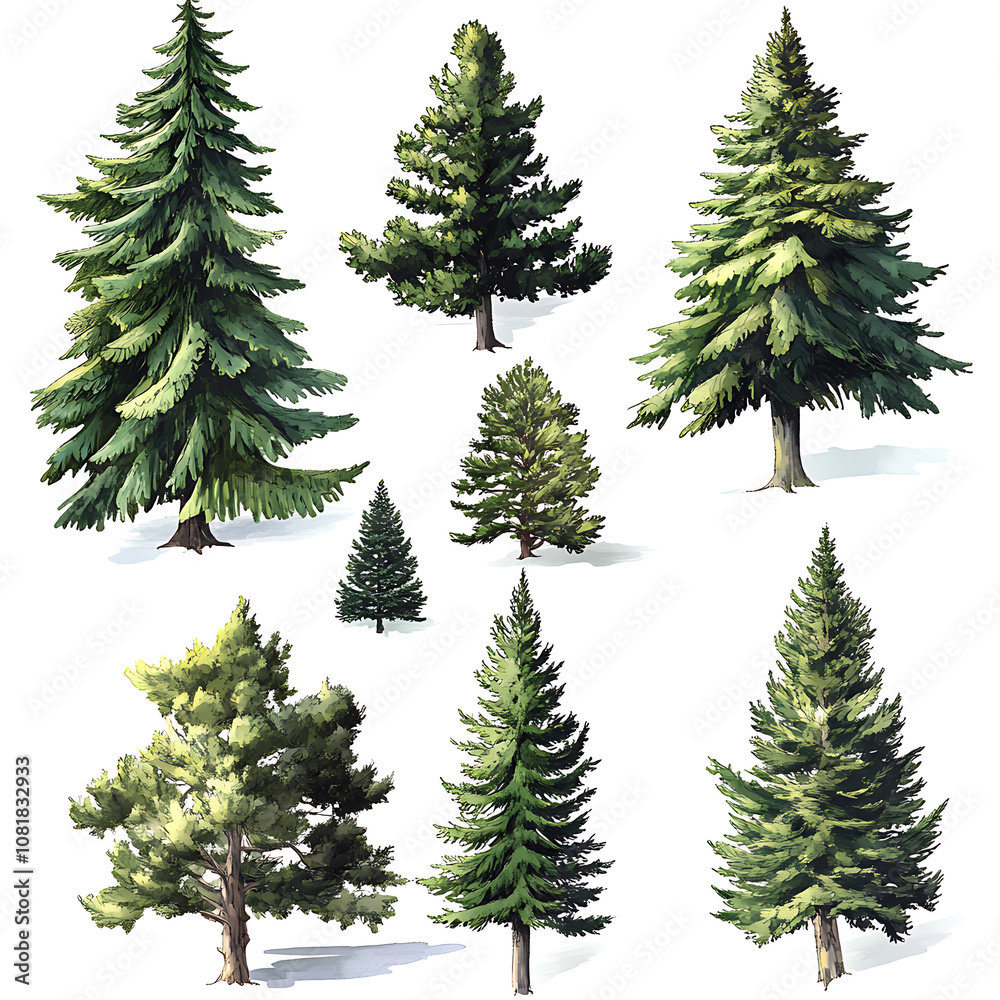 Obraz premium Different types of evergreen trees displayed in a variety of shapes and sizes against a white background for art reference